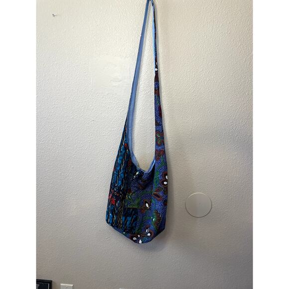 Handmade Boho Festival Hobo Tote Bag Blue Printed Long Strap External Pocket Y2K - Picture 2 of 11